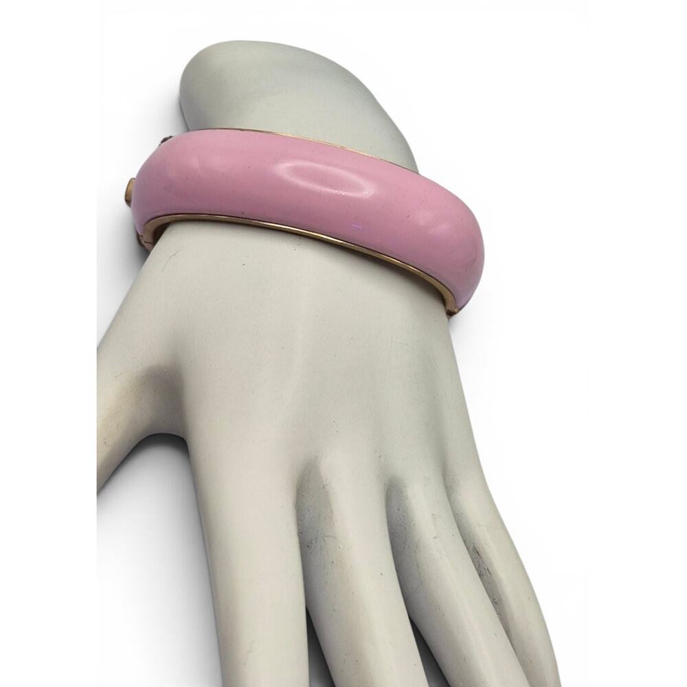 Vintage Pink Enamel Hinged Clamper Bracelet Gold Tone Bangle